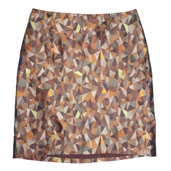 Vintage Lanvin Paris 100% Silk Retro Gold Brown Geometric Print Mini Skirt - Picture 1 of 15